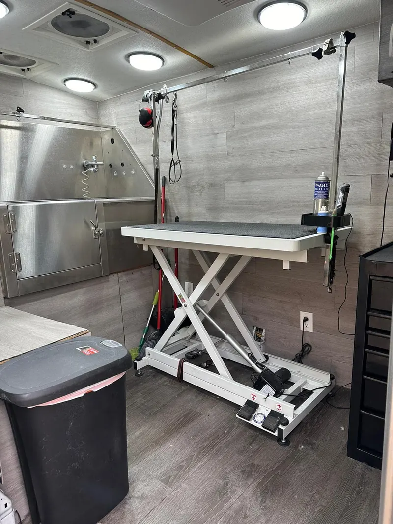 Professional grooming table setup in mobile van